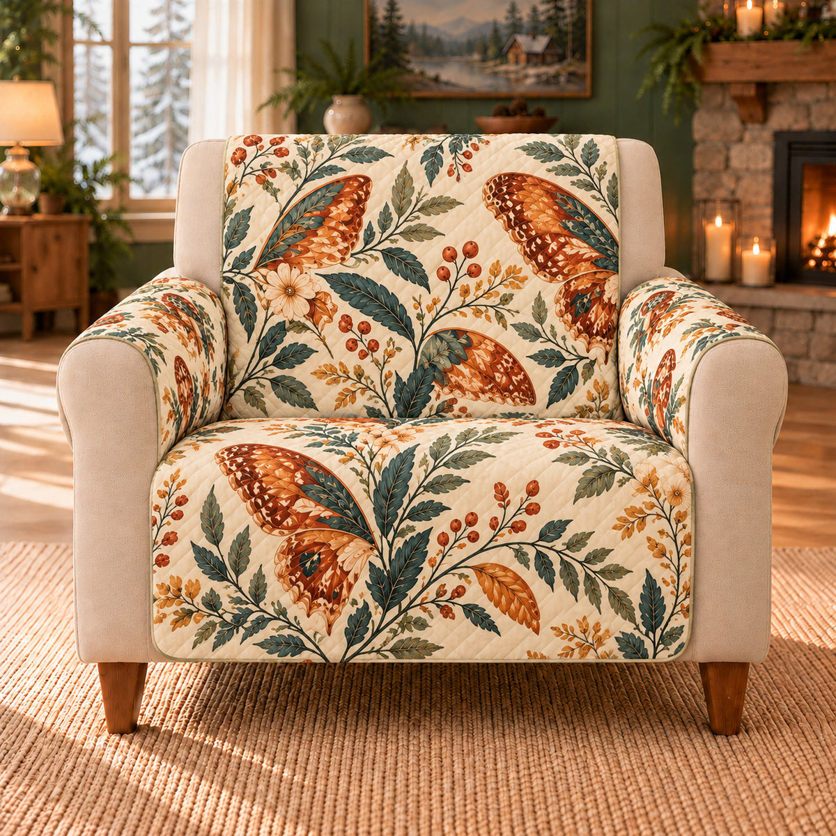 Ember Botanical Wings sofa cover on a beige armchair