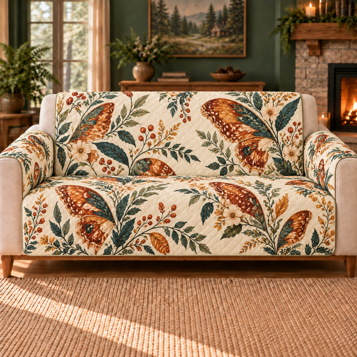 Ember Botanical Wings sofa cover on a beige sofa