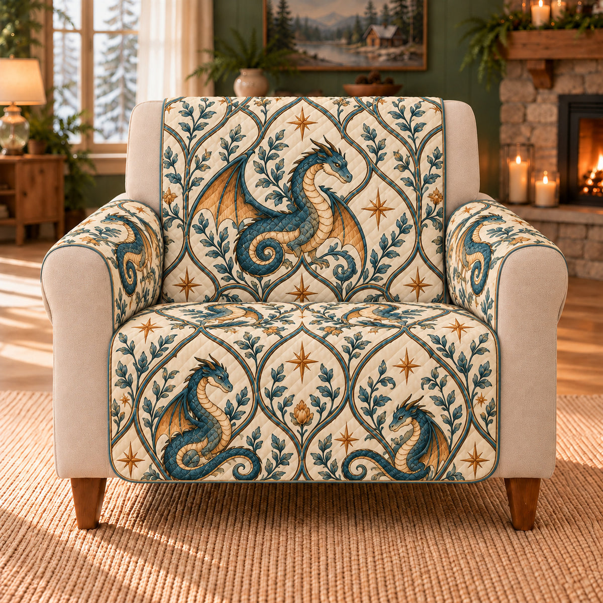 Ember Tail Lattice sofa cover on a beige armchair