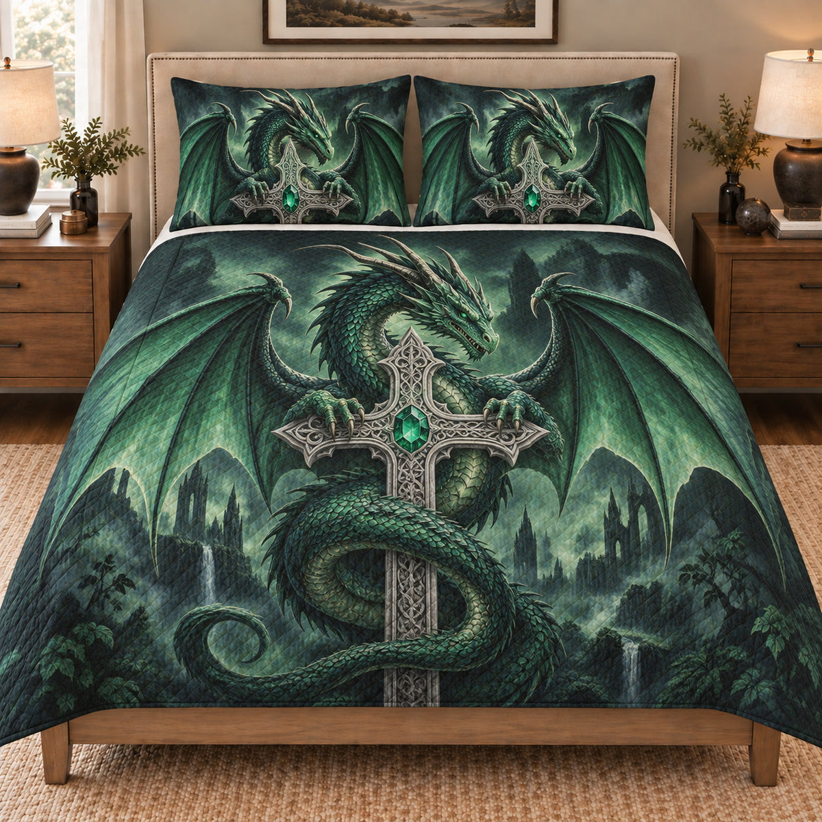 Emerald Dragon Sword Fantasy Quilt Set: bedroom mockup showing the quilt design and coordinating pillow shams