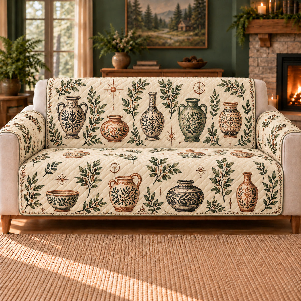 Empty Vessel Botanical Toss sofa cover on a beige sofa