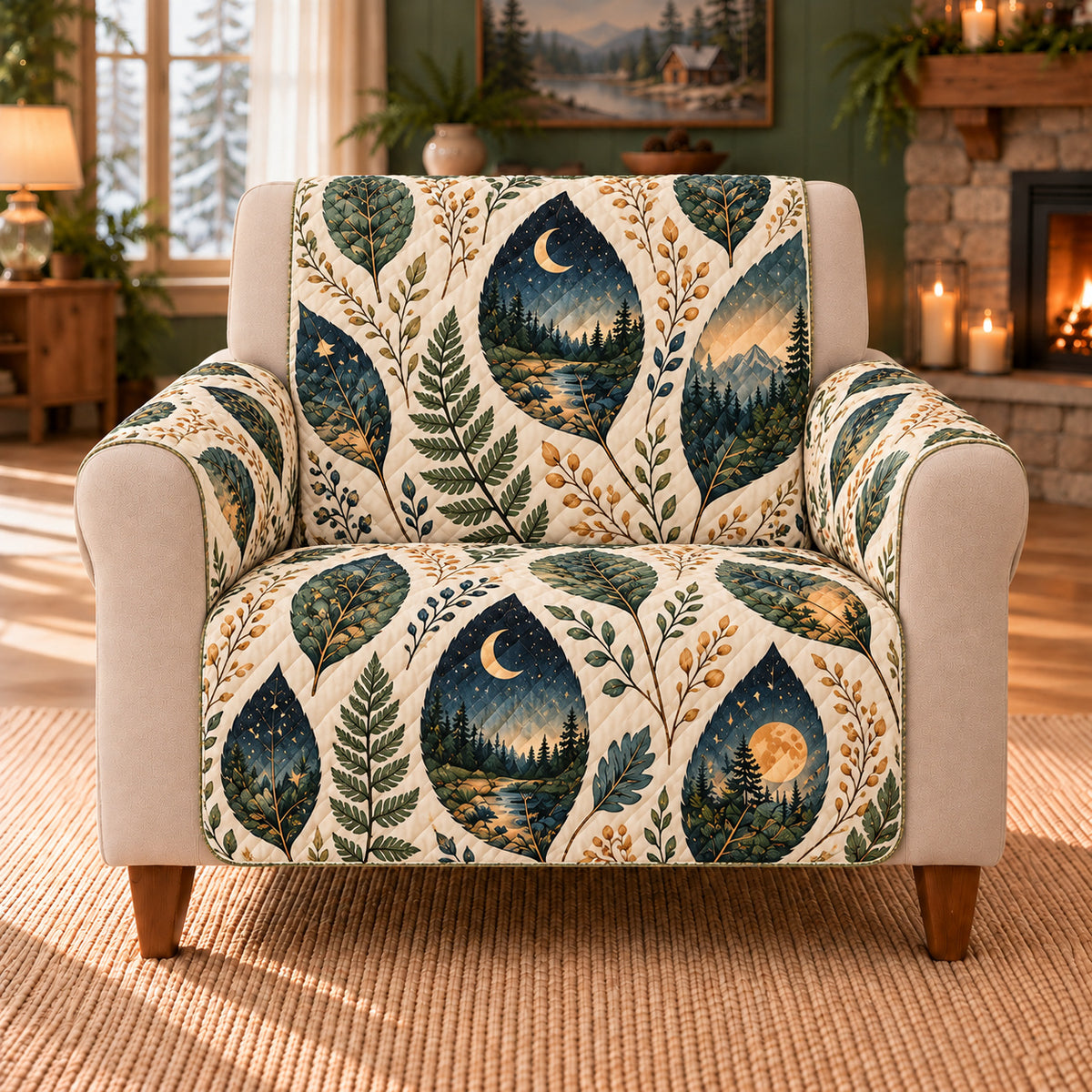 Enchanted Leaf Mosaic sofa cover on a beige armchair