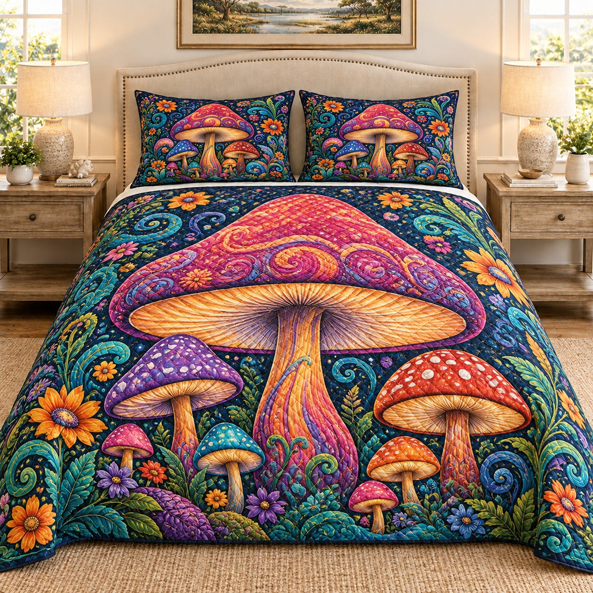 Enchanted colorful mushroom forest quilt set, view 1, AI-generated product mockup