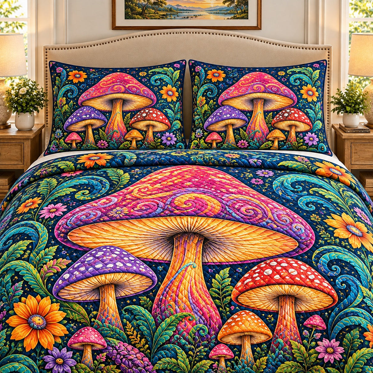 Enchanted colorful mushroom forest quilt set, view 2, AI-generated product mockup