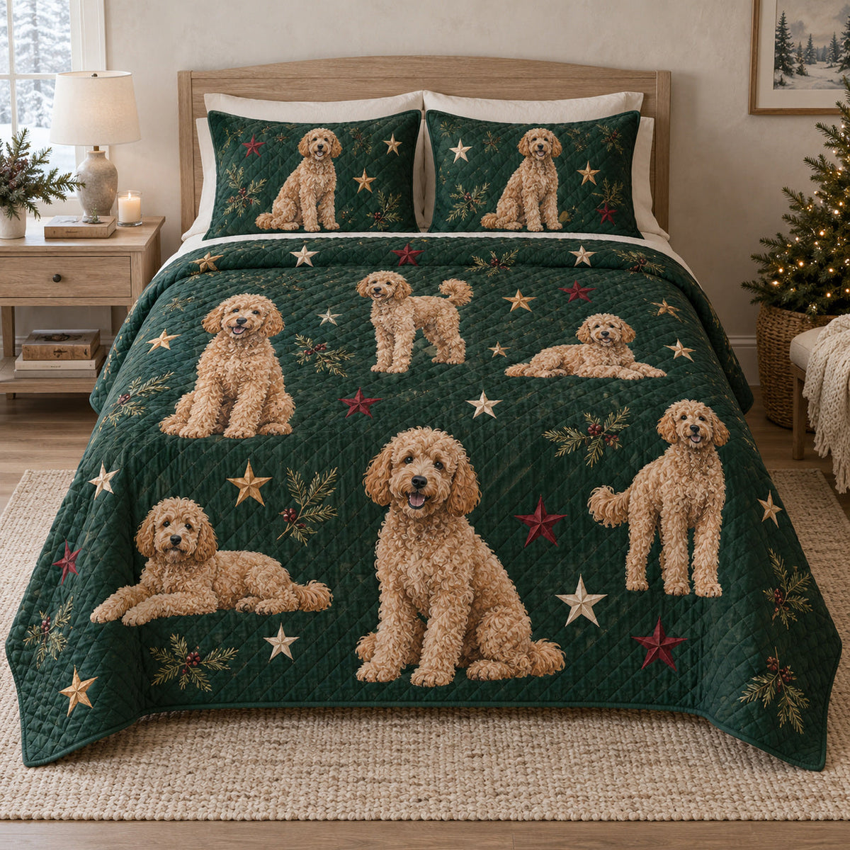 Evergreen Star Doodle Goldendoodle Starry Garden Quilt Set, front goldendoodle starry garden bedroom view