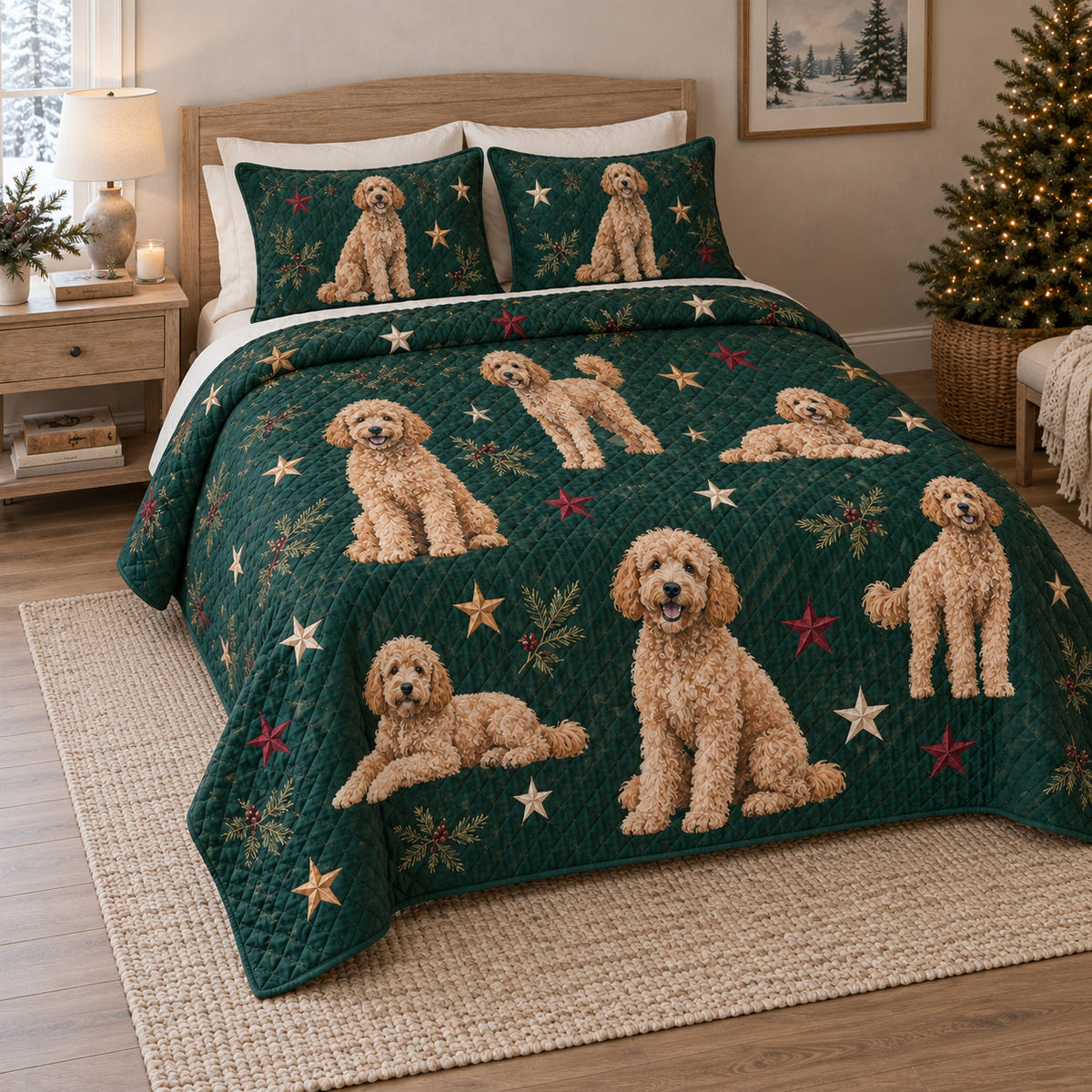 Evergreen Star Doodle Goldendoodle Starry Garden Quilt Set, angled goldendoodle starry garden bedroom view