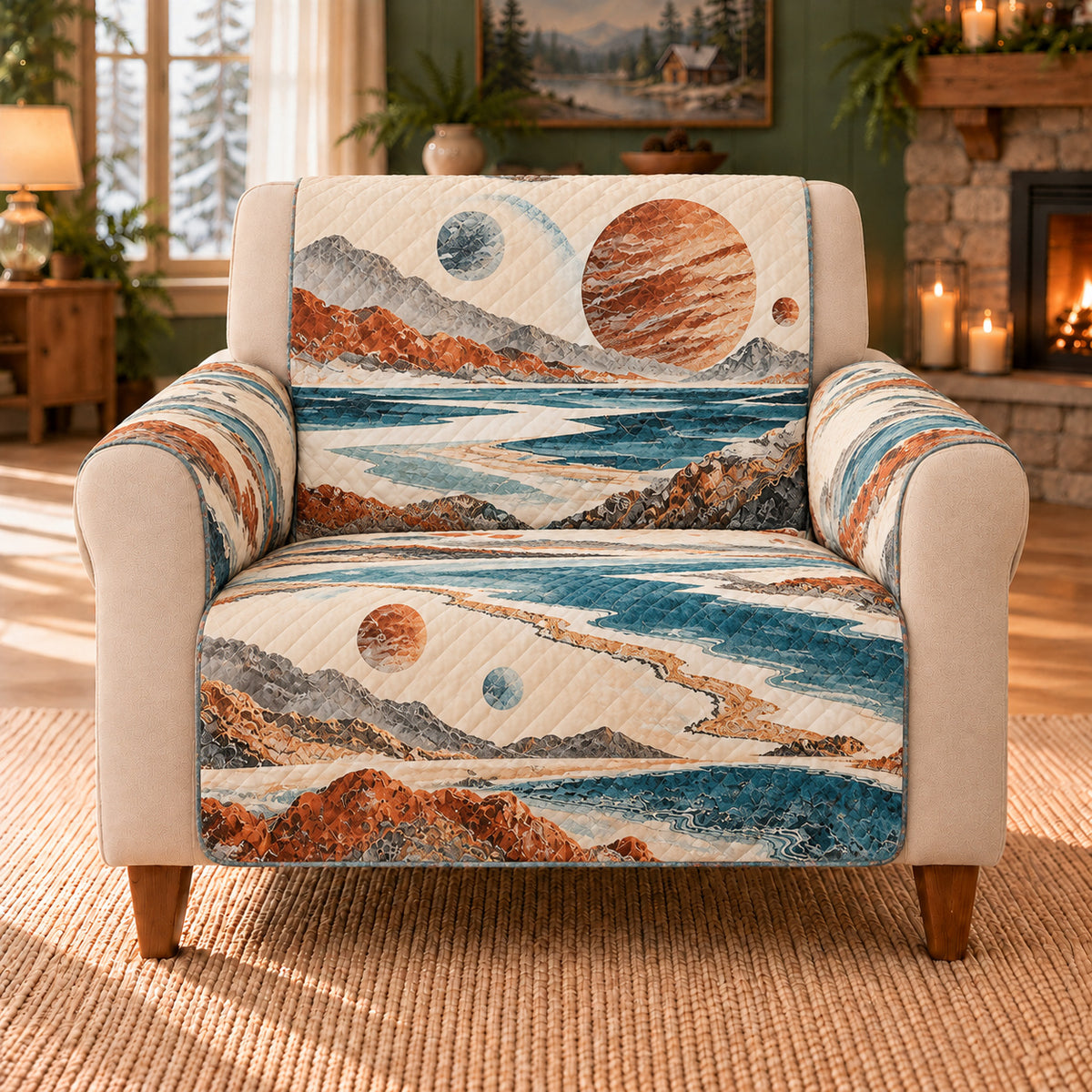 Exoplanet Shore Bands sofa cover on a beige armchair