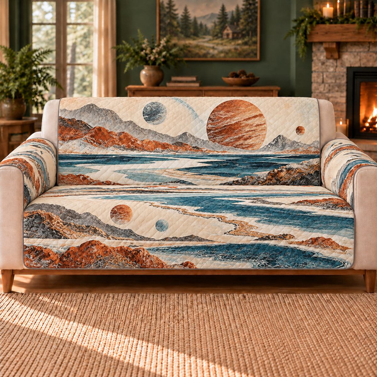 Exoplanet Shore Bands sofa cover on a beige sofa