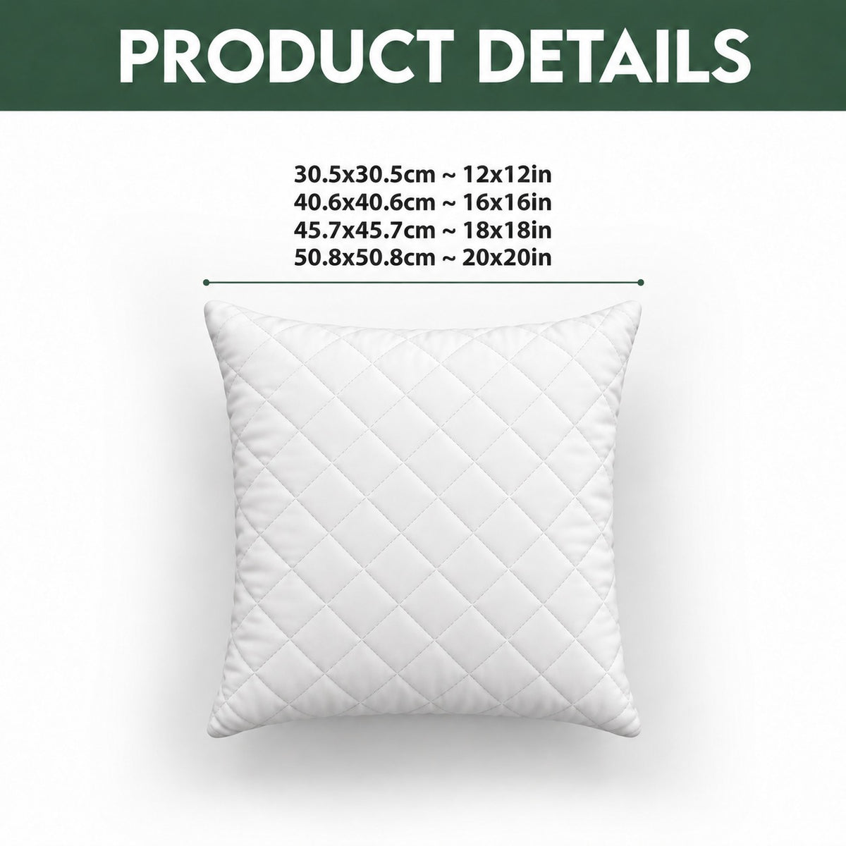 Quilted throw pillow size guide for 12, 16, 18 and 20 inch sizes