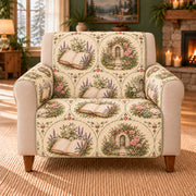 Fairy Book Garden Tiles sofa cover on a beige armchair