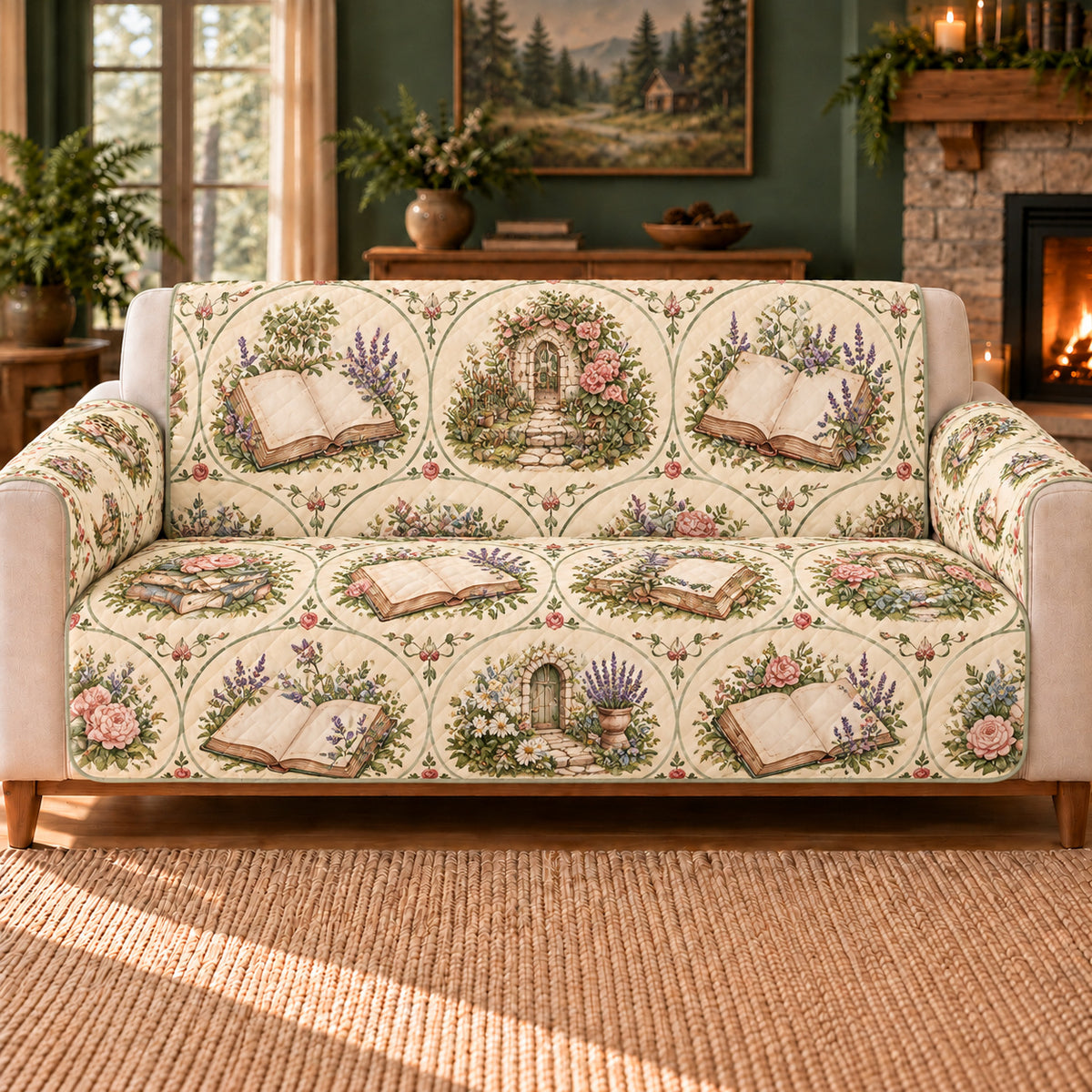 Fairy Book Garden Tiles sofa cover on a beige sofa