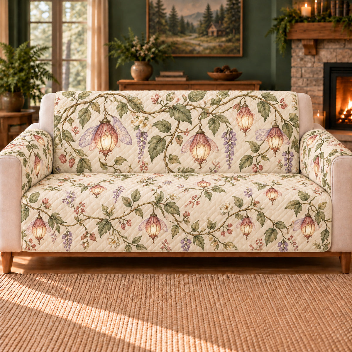Fairy Lantern Vine sofa cover on a beige sofa