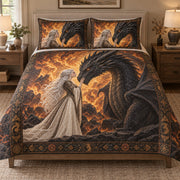 Fantasy Dragon Queen Fire Quilt Set: bedroom mockup showing the quilt design and coordinating pillow shams