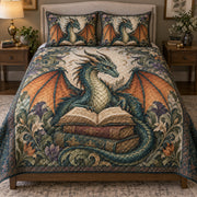 Fantasy Dragon Reading Books Quilt Set: bedroom mockup showing the quilt design and coordinating pillow shams