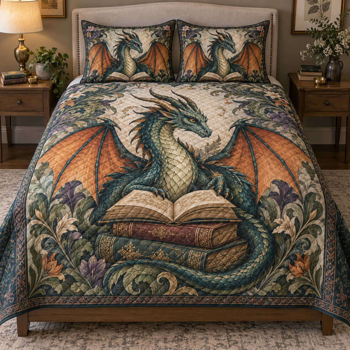 Fantasy Dragon Reading Books Quilt Set: bedroom mockup showing the quilt design and coordinating pillow shams