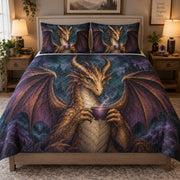Fantasy Dragon Tea Cup Quilt Set: bedroom mockup showing the quilt design and coordinating pillow shams