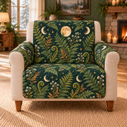 Fern and Moon Sprigs cover on a beige armchair, AI-generated design preview