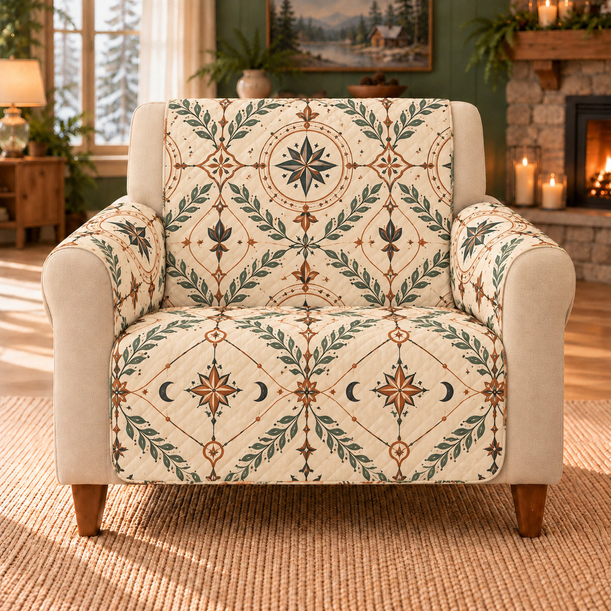 Fictional Symbol Lattice sofa cover on a beige armchair