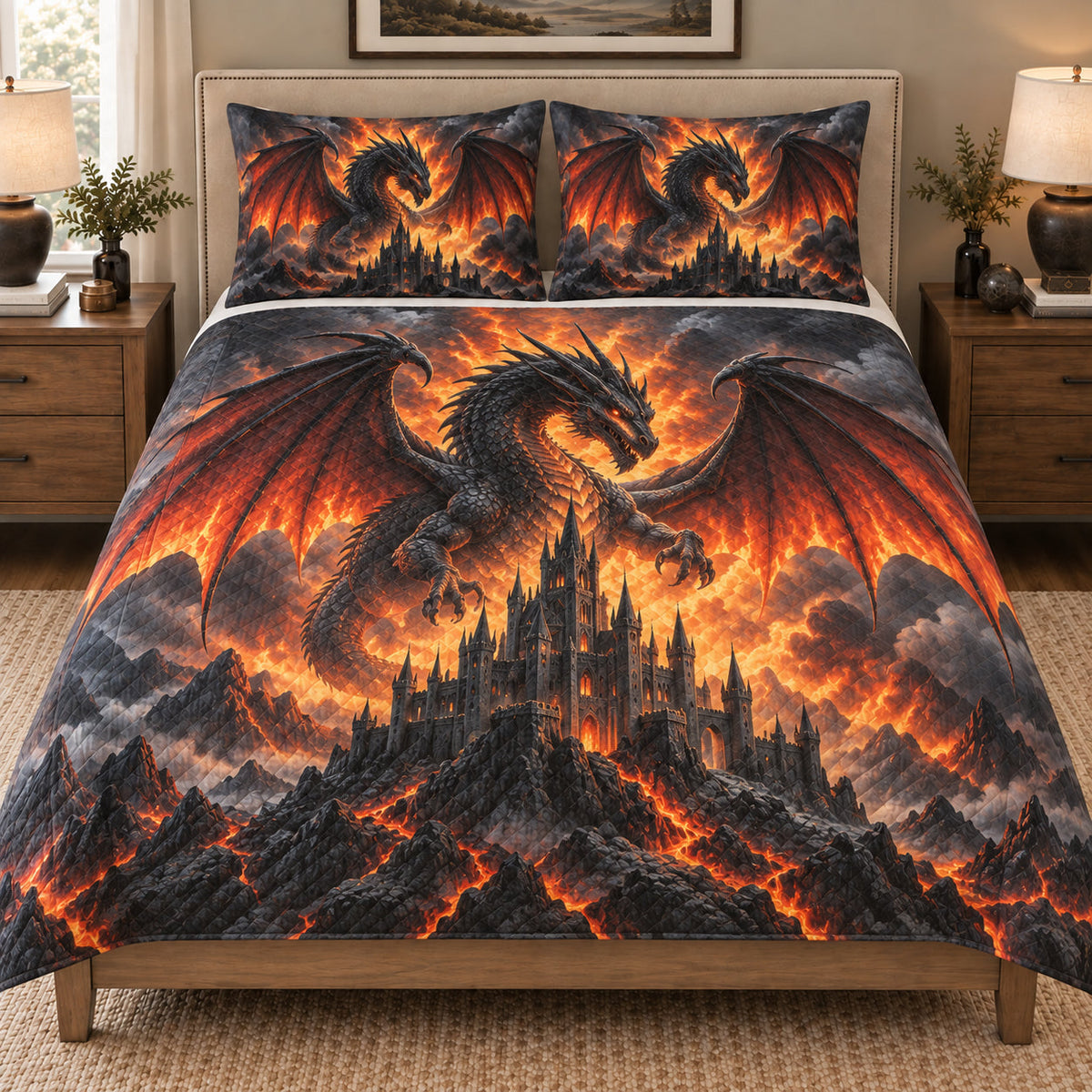 Fire Dragon Castle Fantasy Quilt Set: bedroom mockup showing the quilt design and coordinating pillow shams