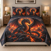 Fire Dragon Lava Fantasy Quilt Set: bedroom mockup showing the quilt design and coordinating pillow shams