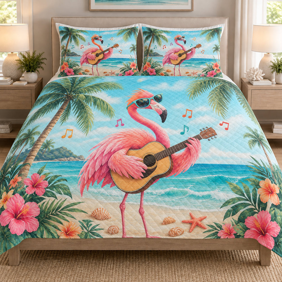 Flamingo Guitar Tropical Beach quilt set displayed on a bed with coordinating pillow shams
