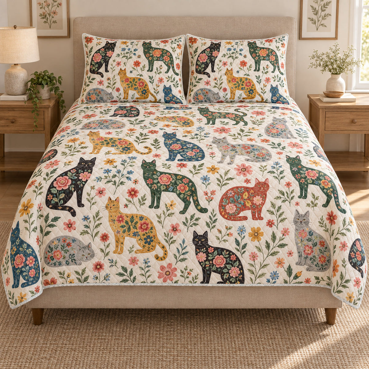 Black Cat Floral Folk Art Quilt Set