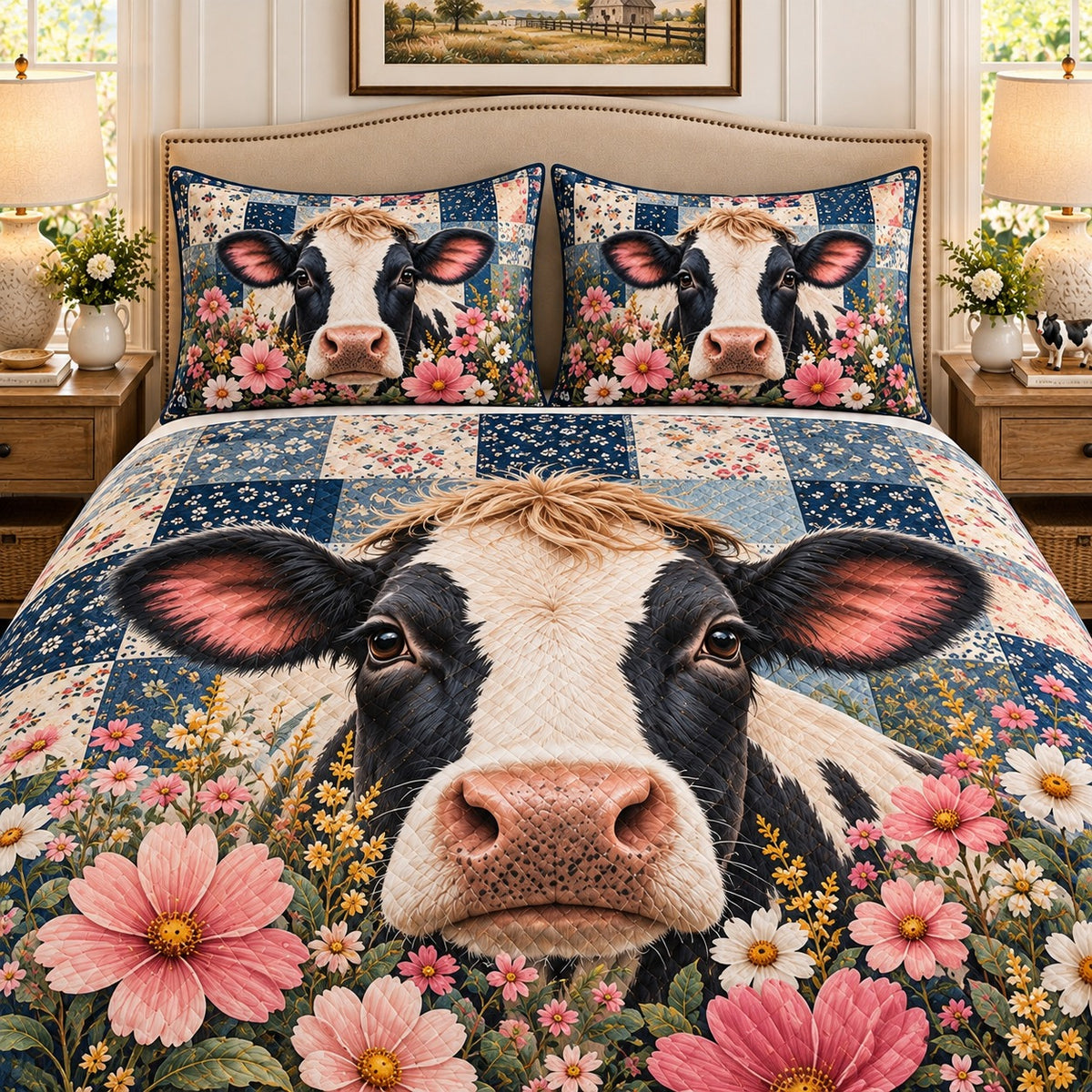 Floral dairy cow farmhouse quilt set, view 2, AI-generated product mockup