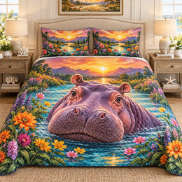 Floral Hippo Sunset Quilt Set, Wildlife Gift for Hippo Lovers