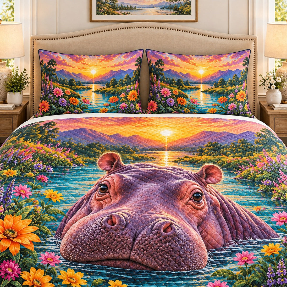 Floral hippopotamus sunset river quilt set, view 2, AI-generated product mockup