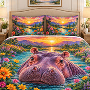 Floral hippopotamus sunset river quilt set, view 2, AI-generated product mockup