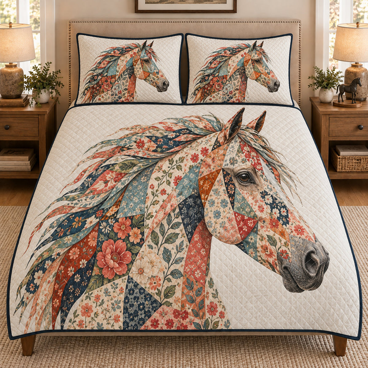 Floral Horse Boho Western quilt design with coordinating pillow shams