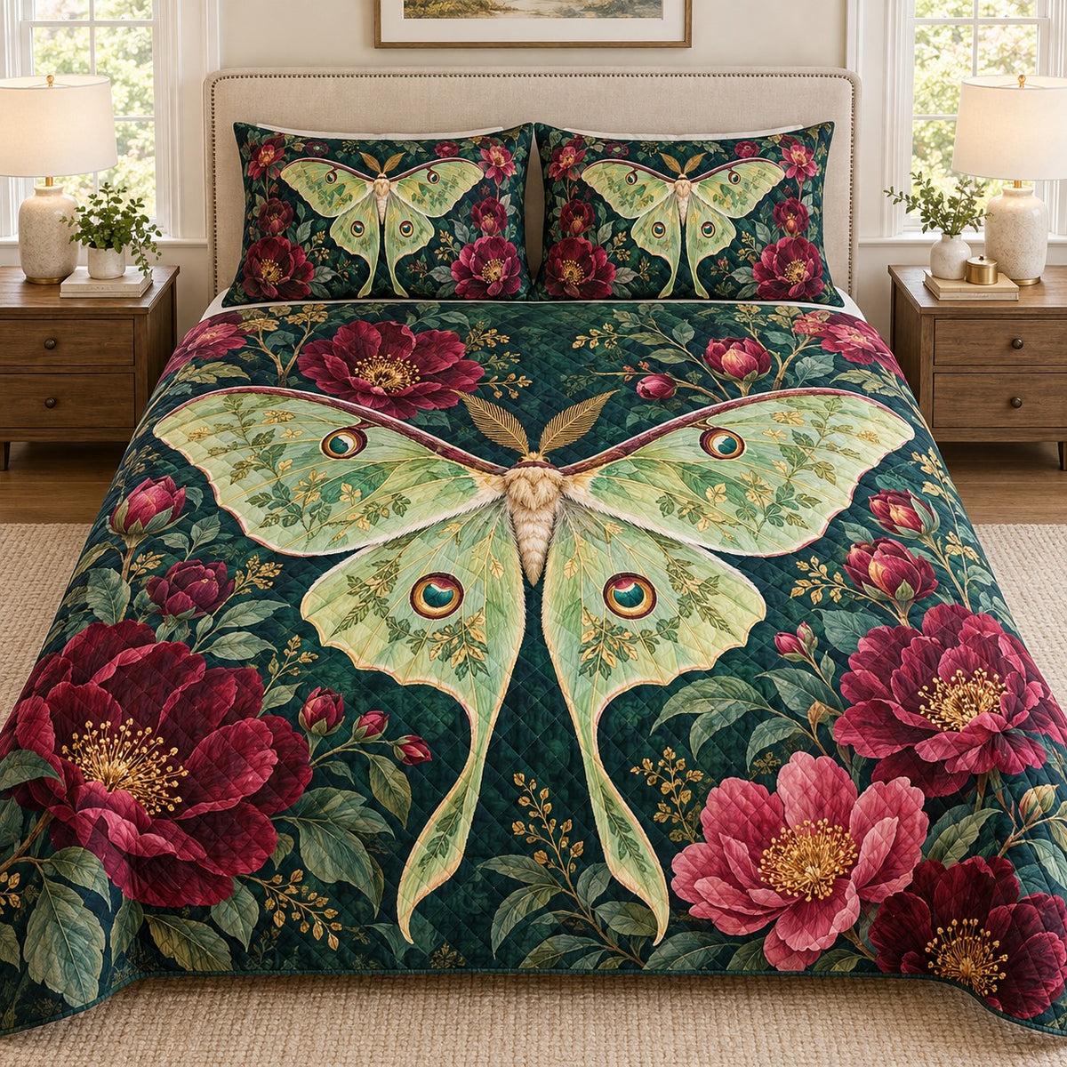 Floral luna moth botanical quilt set, view 1, AI-generated product mockup