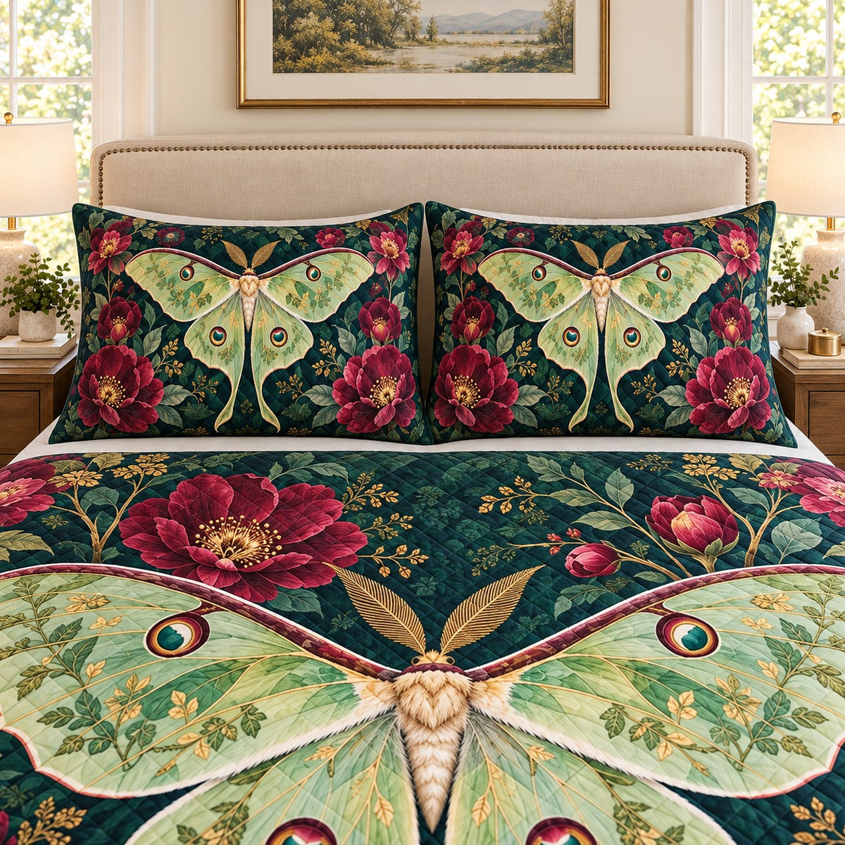 Floral luna moth botanical quilt set, view 2, AI-generated product mockup