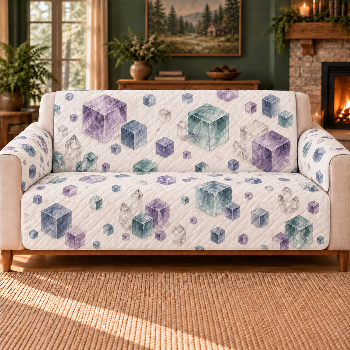Fluorite Cube Scatter sofa cover on a beige sofa