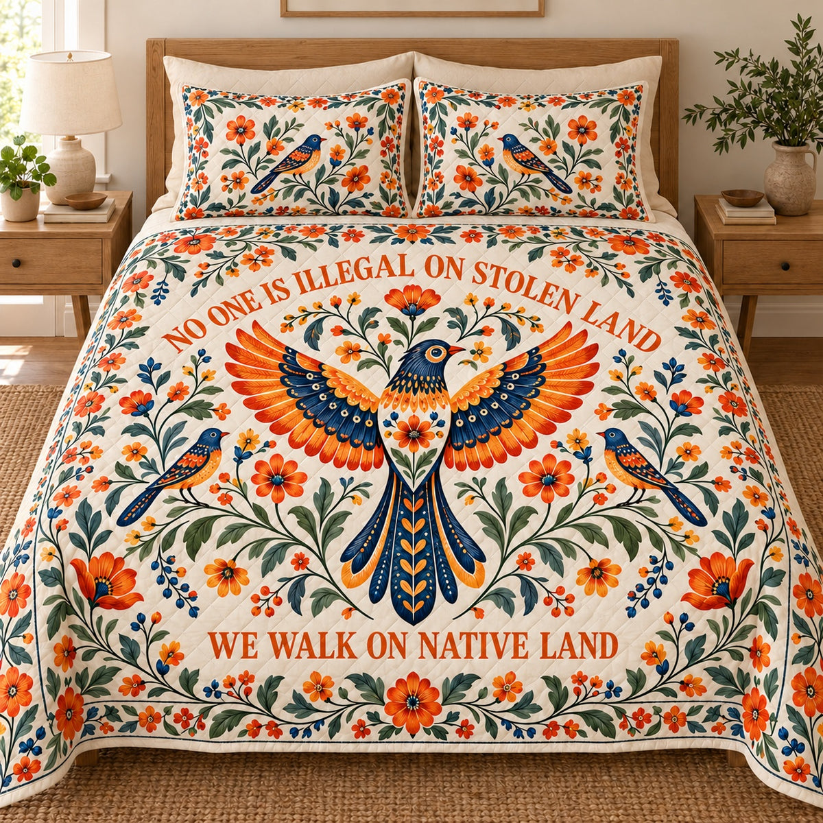 Folk art bird quilt set front view