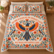 Folk art bird quilt set overhead view