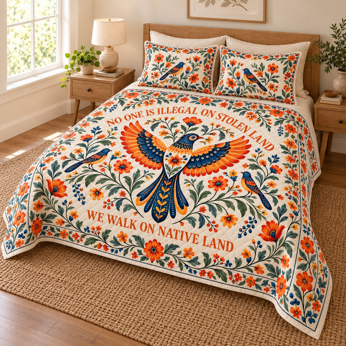 Orange and navy folk art bird floral quilt set, angled view