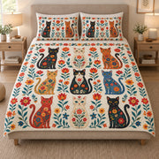 Black Cat Folk Art Floral quilt design with coordinating pillow shams