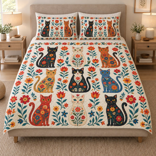 Black Cat Folk Art Floral quilt design with coordinating pillow shams