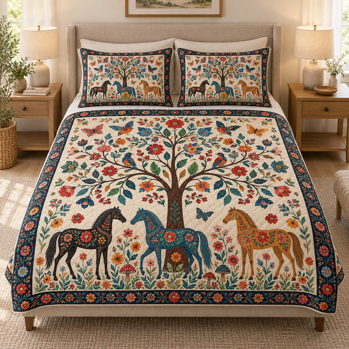 Folk Art Horse Tree of Life Quilt Set
