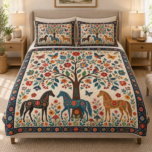 Folk Art Horse Tree of Life quilt design with coordinating pillow shams