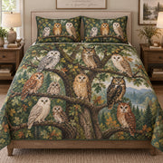 Forest Owl Bird Nature Quilt Set: bedroom mockup showing the quilt design and coordinating pillow shams