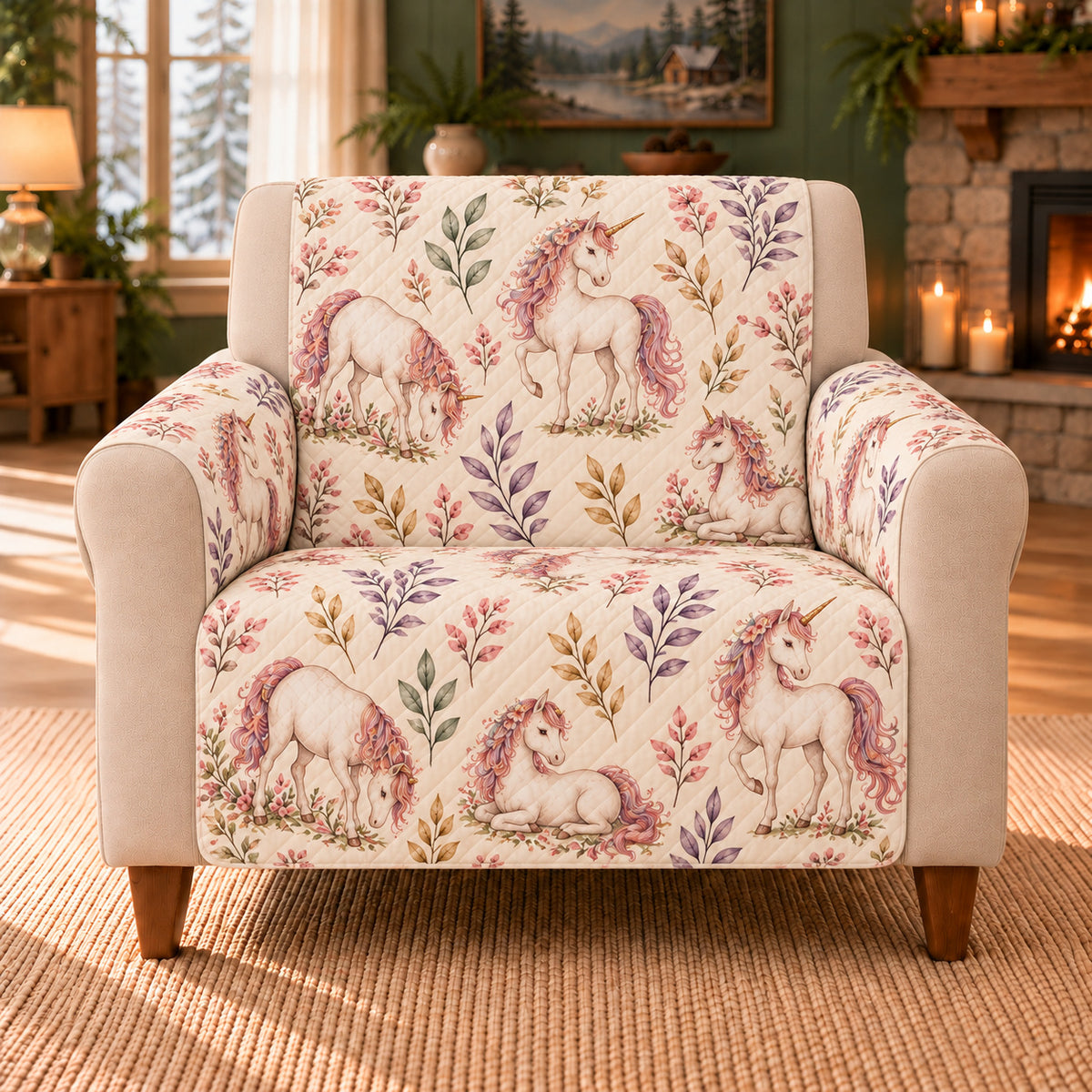 Forest Unicorn Leaf Toss sofa cover on a beige armchair