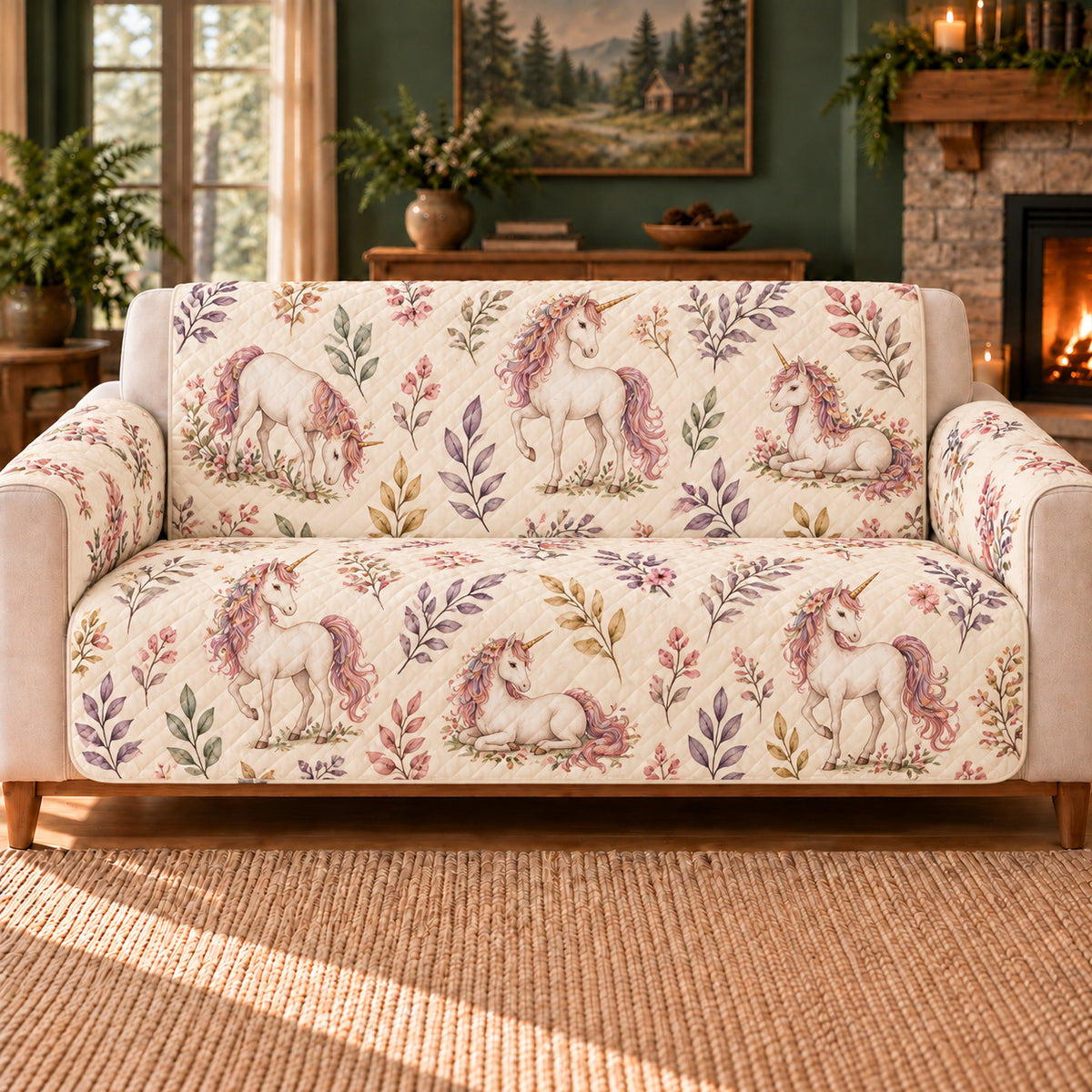 Forest Unicorn Leaf Toss sofa cover on a beige sofa