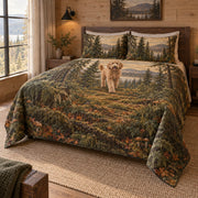 Forest Walk Doodle Goldendoodle Woodland Cabin Quilt Set, front goldendoodle woodland cabin bedroom view