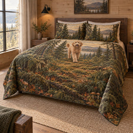 Forest Walk Doodle Goldendoodle Woodland Cabin Quilt Set
