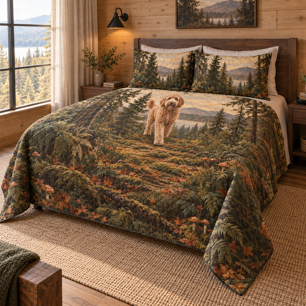 Forest Walk Doodle Goldendoodle Woodland Cabin Quilt Set, angled goldendoodle woodland cabin bedroom view