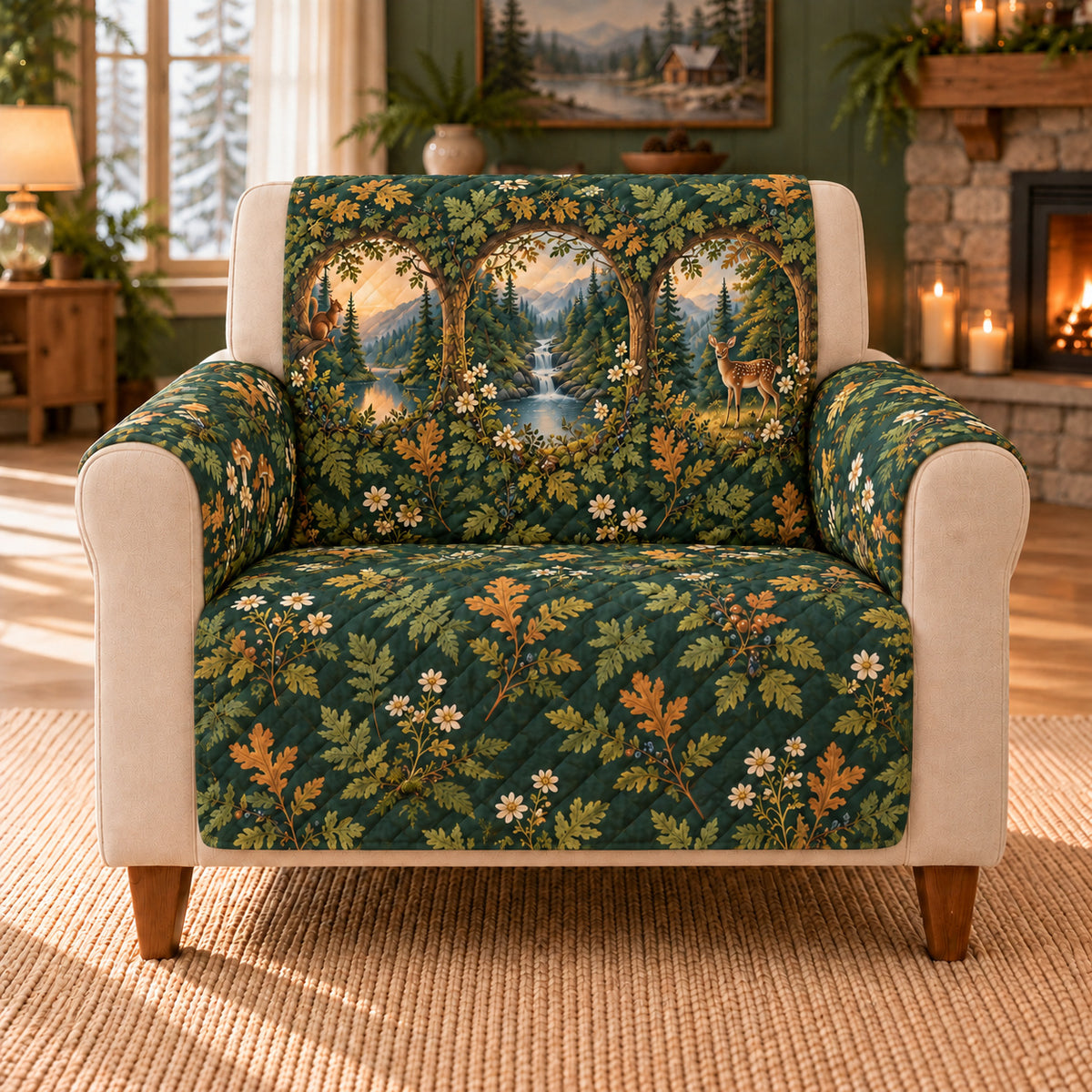 Forest Window Panorama cover on a beige armchair, AI-generated design preview