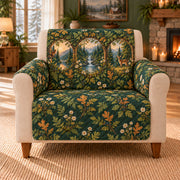 Forest Window Panorama cover on a beige armchair, AI-generated design preview