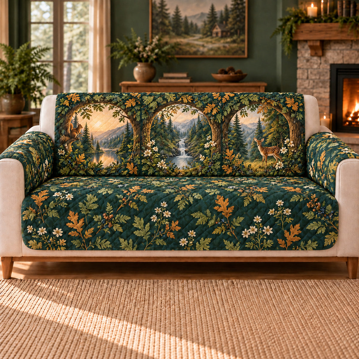 Forest Window Panorama cover on a beige sofa, AI-generated design preview